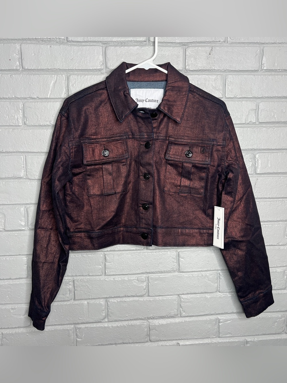 Juicy Couture Women’s Metallic Bronze/Plum Cropped Denim Jacket Size Small - Picture 11 of 13
